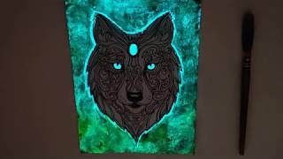 How to paint Wolf GLOW IN THE DARK by gluetube | Mandala Art