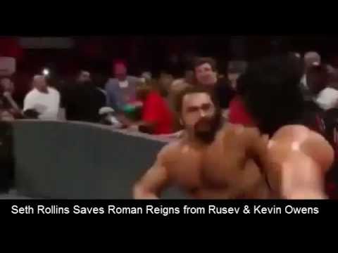 WWE Raw september 2016 Seth Rollins saves Roman Reigns from Rusev & Kevin Owens Steel Cage Match