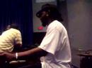 evan brice on organ and chris gray jr. on drums workin' out in one of the conference rooms during aim