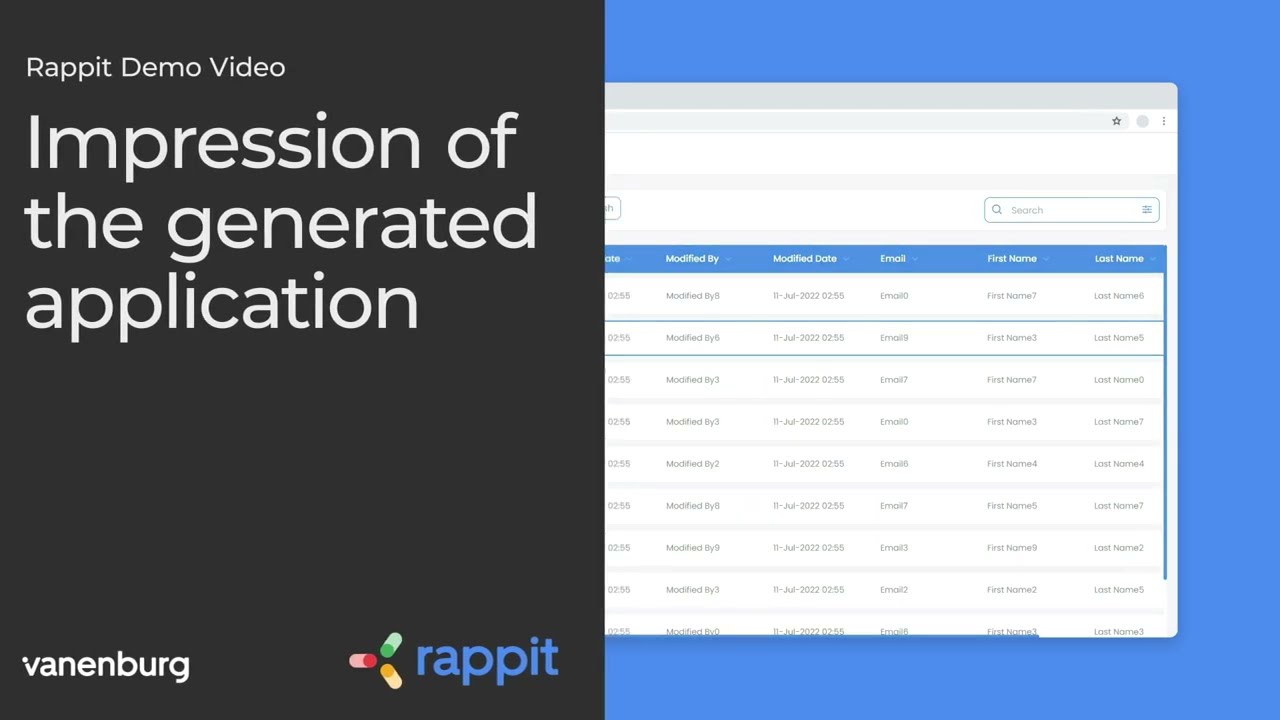 Rappit Developer demo - Impression of the generated application