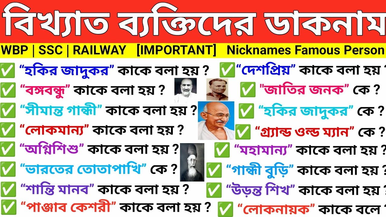 বিখ্যাত ব্যক্তিদের ডাকনাম ও উপনাম | Nicknames Of Famous Personalities | Static GK Bengali 