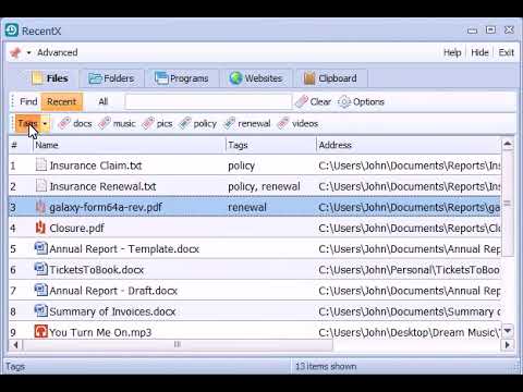 Tagging files, folders, programs, websites etc in Windows using RecentX
