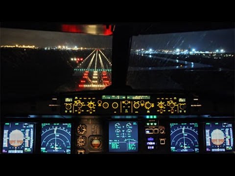 A320 Cockpit Night Landing LCLK-Cyprus Airways-Pilot's View -CYP7607 from Skiathos-2nd St Maarten