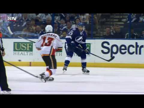 Video: Monahan gingerly tips in 100th goal of his career