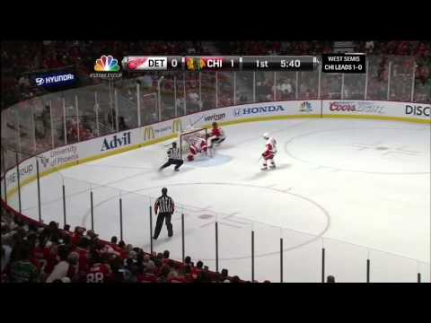 Murtz - Patrick Kane slapshot goal 1-0 May 18 2013 Detroit Red Wings vs Chicago Blackhawks NHL Hockey. NBC Sports feed. Announcers PBP Doc Emrick, color Eddie Olczyk...