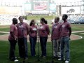 chicago cast of the 25th annual putnam county spelling bee, singing at the chicago white sox game.
james earl jones ii, george andrew wolff, robin alexis childress, lucia spina, bill larkin and julius thomas iii