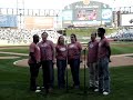 chicago cast of the 25th annual putnam county spelling bee, singing at the chicago white sox game.
james earl jones ii, george andrew wolff, robin alexis childress, lucia spina, bill larkin and julius thomas iii