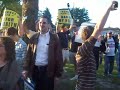 A small group of anti-health care reform, anti-Obama protesters showed up at the town hall. When they stopped letting people in, a crowd gathered around the rebel scum. Apparently, Democrats can shout, too. Anti-health care protesters start chanting, 