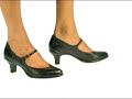 www.shoeline.com Sweetheart throat Mary Jane silhouette. Gored copper buckle. Heel height: 2 1/4 inches.