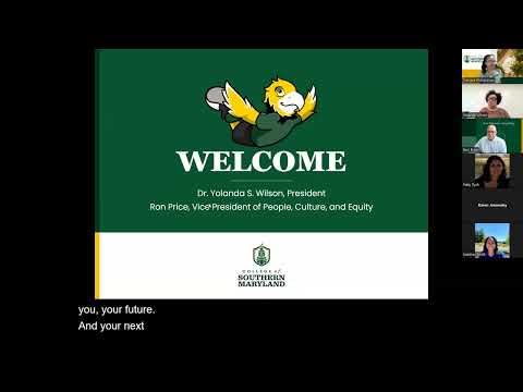 Welcome slide featuring a cartoon mascot of the College of Southern Maryland, presented by Dr. Yolanda S. Wilson and Ron Price.