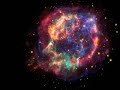 This animation begins with a stunning false-color picture of the supernova remnant Cassiopeia A. It is made up of images taken by three of NASA's Great Observatories, using three different wavebands of light. Infrared data from the Spitzer Space Telescope are colored red; visible data from the Hubble Space Telescope are yellow; and X-ray data from the Chandra X-ray Observatory are green and blue. Located 10,000 light-years away in the northern constellation Cassiopeia, Cassiopeia A is the remnant of a once massive star that died in a violent supernova explosion 325 years ago. It consists of a dead star, called a neutron star, and a surrounding shell of material that was blasted off as the star died. The neutron star can be seen in the Chandra data as a sharp turquoise dot in the center of the shimmering shell. The movie then pans out to show a Spitzer view of Cassiopeia A (yellow ball) and surrounding clouds of dust (reddish orange). Here, the animation flips back and forth between two Spitzer images taken one year apart. A blast of light from Cassiopeia A is seen waltzing through the dusty skies. Called an 