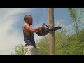Allen saws a pole
