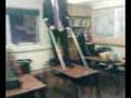 Crazy guy jumping on tables with crutches