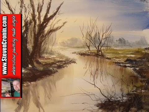 Watercolour painting demo of a simple river scene
