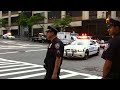 HERE YOU WILL SEE THE SECRET SERVICE ALONG WITH NYPD EMERGENCY SERVICE UNITS, NYPD ANTI-TERROR UNITS, NYPD OFFICERS, FDNY AMBULANCE, PRESS CORP VANS AND SCORES OF OTHER LAW ENFORCEMENT ESCORTING PRESIDENT BARACK OBAMA IN NEW YORK CITY. YOU WILL SEE THE ARRIVE OF THE PRESIDENTIAL MOTORCADE A LITTLE FURTHER AWAY AND THEN THE DEPARTURE MUCH CLOSER. NYPD, FDNY, THE US SECRET CERVICE AND ALL OTHER AGENCIES DO A BIG JOB HERE! GOD BLESS THEM ALL! ENJOY!