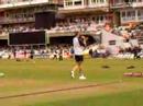 Chris Tremlett bowling during the warm-up before the match.