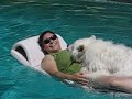 Little Bear Samoyed riding with mommy on the raft.