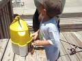 Young boy baits hook with live shrimp