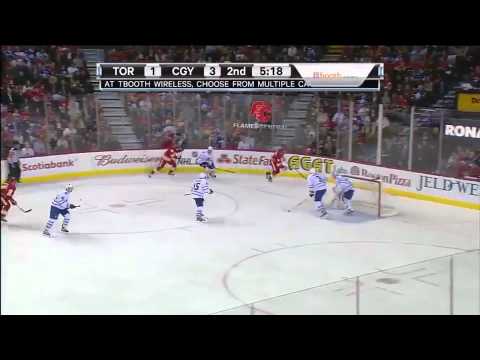 Dion Phaneuf knocks 2 Flames off bench 2/14/12