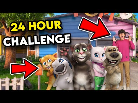 24 HOUR CHALLENGE INSIDE TALKING ANGELA AND TALKING TOM HOUSE!! *BAD IDEA*