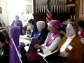 'he dies, the friend of sinners dies' (sh 163, 'morning') and 'the lord is ris'n indeed!' (sh 236, easter anthem), both appropriate to the easter season.

here are the words to 'morning,'as here sung:

he dies, the friend of sinners dies.
lo, salem's daughters weep around;
a solemn darkness veils the skies,
a sudden trembling shakes the ground.

here's love and grief beyond degree:
the lord of glory dies for men:
but lo! what sudden joys we see!
jesus, the dead revives again.

the rising god forsakes the tomb:
up to his father's throne he flies,
cherubic legions guard him home
and shout him welcome to the skies.
                 (isaac watts, 1709)

these are the words to billings' 'easter anthem':

the lord is ris'n indeed! hallelujah!
now is christ risen from the dead
and become the first-fruits of them that slept. hallelujah!
and did he rise? did he rise?
hear it, ye nations, hear it o ye dead!
he rose, he rose, he burst the bars of death,
he burst the bars of death and triumphed o'er the grave.
then, then, then i rose,
then first humanity triumphant passed the crystal ports of light
and seized eternal youth!
man, all immortal hail, hail,
heaven, all lavish with strange gifts to man,
thine's all the glory, man's the boundless bliss!
               (edward young)