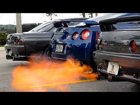 2 Skyline's One GTR -Revving, FLAMES, launching, Flybys