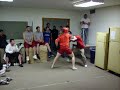 John K, guy in red head gear, beat me in 27 seconds in the first fight of the evening. I unfortunately don't have that video. This fight took place at the end of the night, I talked him into doing a second fight, just so I could watch how someone else would fare against him.