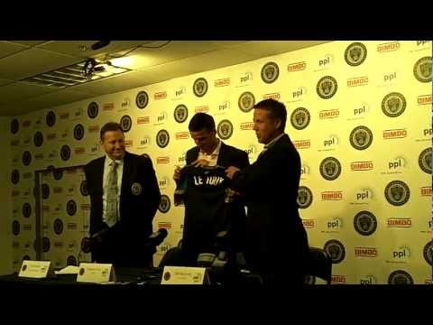 sebastien le toux - Recently reacquired forward Sebastien Le Toux, center, is introduced by Philadelphia Union CEO Nick Sakiewicz, left, and manager John Hackworth at PPL Park F...