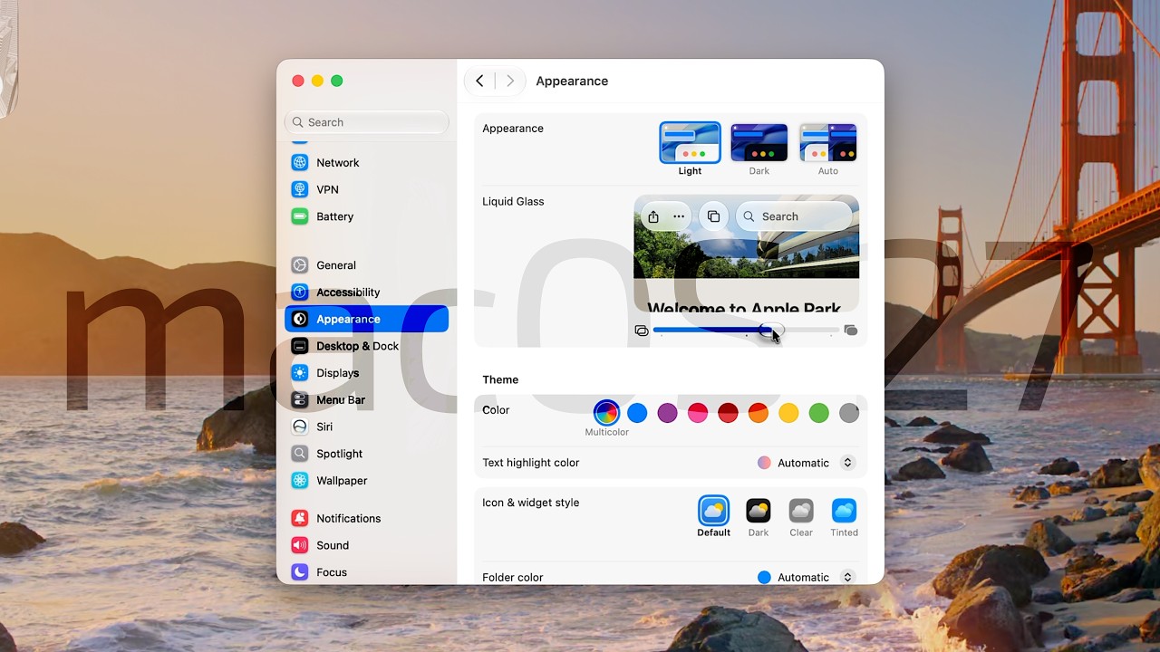 Liquid Glass e outros refinamentos visuais no macOS Golden Gate 27
