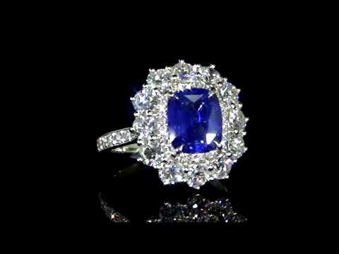 Hwl Certified 3.53ct Cushion Cut Blue Sapphire and Diamond Ring