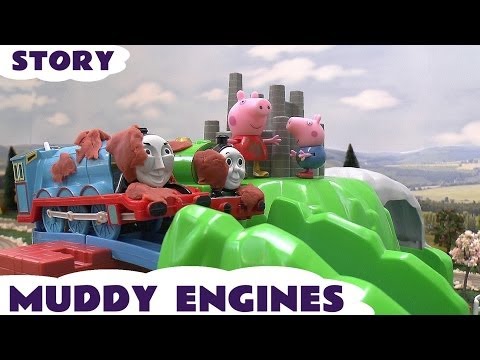 Thomas - Thomas and Friends engines Percy Gordon Duck James and Flora see Peppa Pig George and her friends playing on their Muddy Puddles Swing Zipline Slide and Roun...