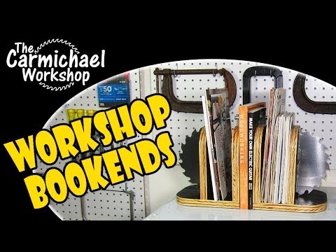 woodworking - http://www.thecarmichaelworkshop.com These Workshop Bookends were made from scrap plywood and an old saw blade. Each bookend has a storage space for magazine...