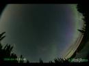 It's towards the end of the aurora season, and an almost full moon helps illuminate the sky (though hanging low, outside the field of view). The blue tops of the auroral arcs come from resonant scattered sunlight, showing that the sun is still shining up there (probably 150-500km altitude). After having waited for 2 hours, watching the relatively quiet arcs, it was thrilling when the substorm finally set in ~1:20 with a mix of blue, green and pink colors (though the blue could only be seen in photos).