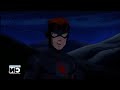 Young Justice - Robin, Artemis and Kid Flash touch themselves while Ms. Martian watches. From the episode
