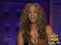 tyra banks acting all sorts of weird then eventually falling backwards on the couch.
