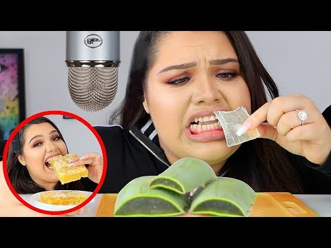I Tried ASMR.. Eating Raw Honeycomb, Slime, Aloe Vera (Sticky Crunchy Sounds)
