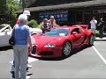Taking a close-up look at a red Bugatti Veyron during the Auto Affair exotic car show.The sign shown in front of the car during the beginning of the video reads:Bugatti Veyron 16.4Engine: 8.0 liter quad-turbo W16Horsepower: 1001Torque: 922 lb-ftWeight: 4162 lbsAluminum Panels over Carbon Fiber Monocoque w/ Aluminum Front Subframe, Hybrid VCarbon/Stanless Steel Subframe0-60 mph: 2.6 seconds0-100 mph: 5.7 secondsTop Speed: 253 mph