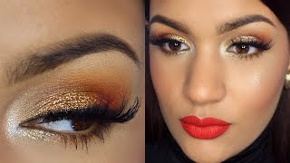 Maquillaje Dorado + Labios Rojos