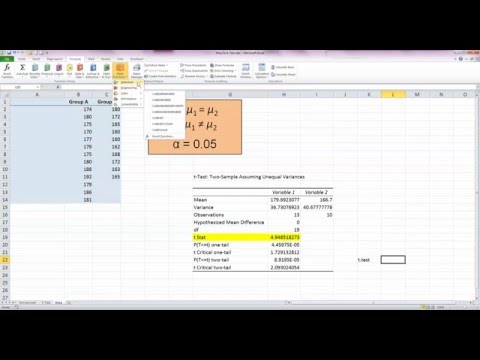 how to find t test in excel