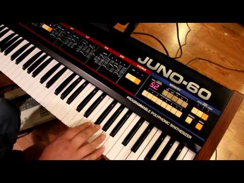 early electro - A demo of the versatility of the Roland Juno-60. The LinnDrum plays a typical early '80s Electro Funk pattern, and the Juno-60 provides Moog-style bass, Clav...
