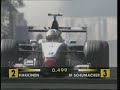 http://www.patronise.us - All F1 qualifying and race sessions covered live. Plus news, reviews, features and comics!The short but intense, and unusual, battle between Michael and Mika at the Italian GP in 1998. Having nearly stalled on the start line Michael Schumacher has made his way past Villenueve and Irvine and chased down the McLaren of title rival Mika Hakkinen and is pressuring him for 2nd position, which is where this video kicks off. Out front is David Coulthard in the sister silver arrow, who is running a two stop strategy (compared to the single stops of Mika and Michael) and attempting to break away.ITV feed.