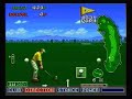 three holes of golf in the irem skins game for the super nintendo (snes). actual console play. not emulated. the irem skins game is an arcade-style golf simulation with excellent graphics and appealing music. the snes game is actually a port of an original coin-op version. the game is presented in a mixed perspective. the pre-shot perspective is a standard third person view from just behind the golfer, but once the ball is hit, the view switches to a top-down perspective to track the ball in flight. the irem skins game takes a simplified approach to hitting the ball. instead of setting the power and controlling the shot, the only function of the vertically-oriented swing meter in the irem skins game is to select the vertical angle of the shot, which, in turn, sets the amount of backspin/topspin applied to the ball. the strength of each swing is selected prior to the shot by setting a power gauge to one of 16 levels. draw and fade can be applied to the ball by changing the players stance. it all might sound complicated, but it's fairly straightforward. the putting system is simple, but challenging. somewhat confusingly, the game specifies the maximum distance for the putter in yards, but measures distance on the greens in meters. the fact that there are no distance markers shown on the hole overview is a serious flaw. it's difficult to accurately place shots without them, especially lay-up shots. also, the single track of background music becomes a little stale after the  ... 