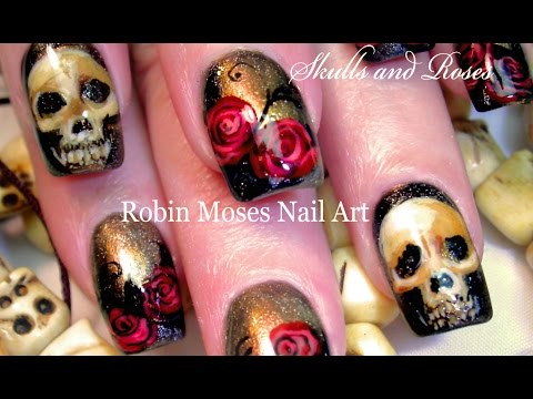 Bone Skulls & Red Roses Nail Art