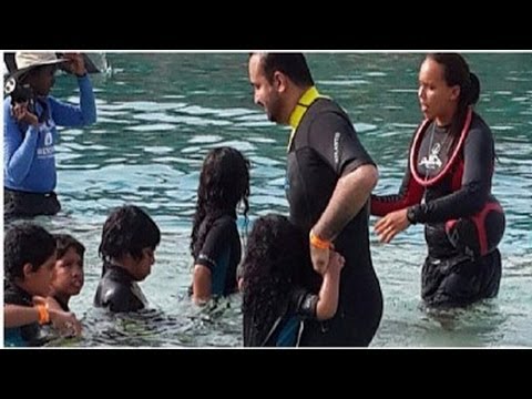 بمدينة أتلانتيس بدبى الفنانة أحلام تسبح مع زوجها وأولادها والدلافين...!!