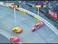 kevin harvick pushes up into tony stewart sending him sliding into the wall, taking him out of contention.
credit to fox/tsn.
