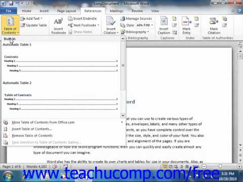 how to create table of contents in word