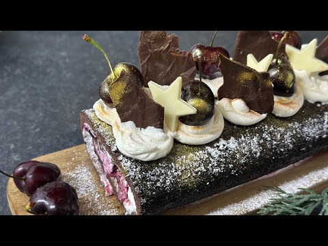 Quick & Easy Black Forest Swiss Roll Recipe | Chocolate & Cherry Cake🍒🍫
