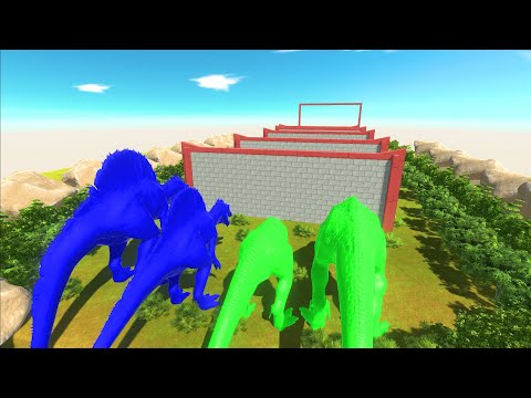 Different Size Blue Spinosaurus vs Green T-REX Clash Block Race Animal Revolt Battle Simulator