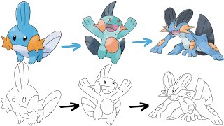 How To Draw MUDKIP MARSHTOMP and SWAMPERT POKEMON | Pokemon Evolution