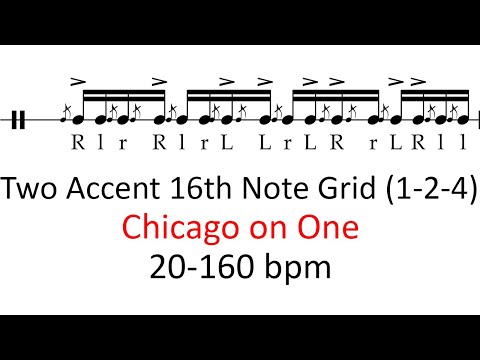 Chicago on one (2 accents, 1-2-4) | 20-160 bpm play-along 16th note grid drum practice sheet music